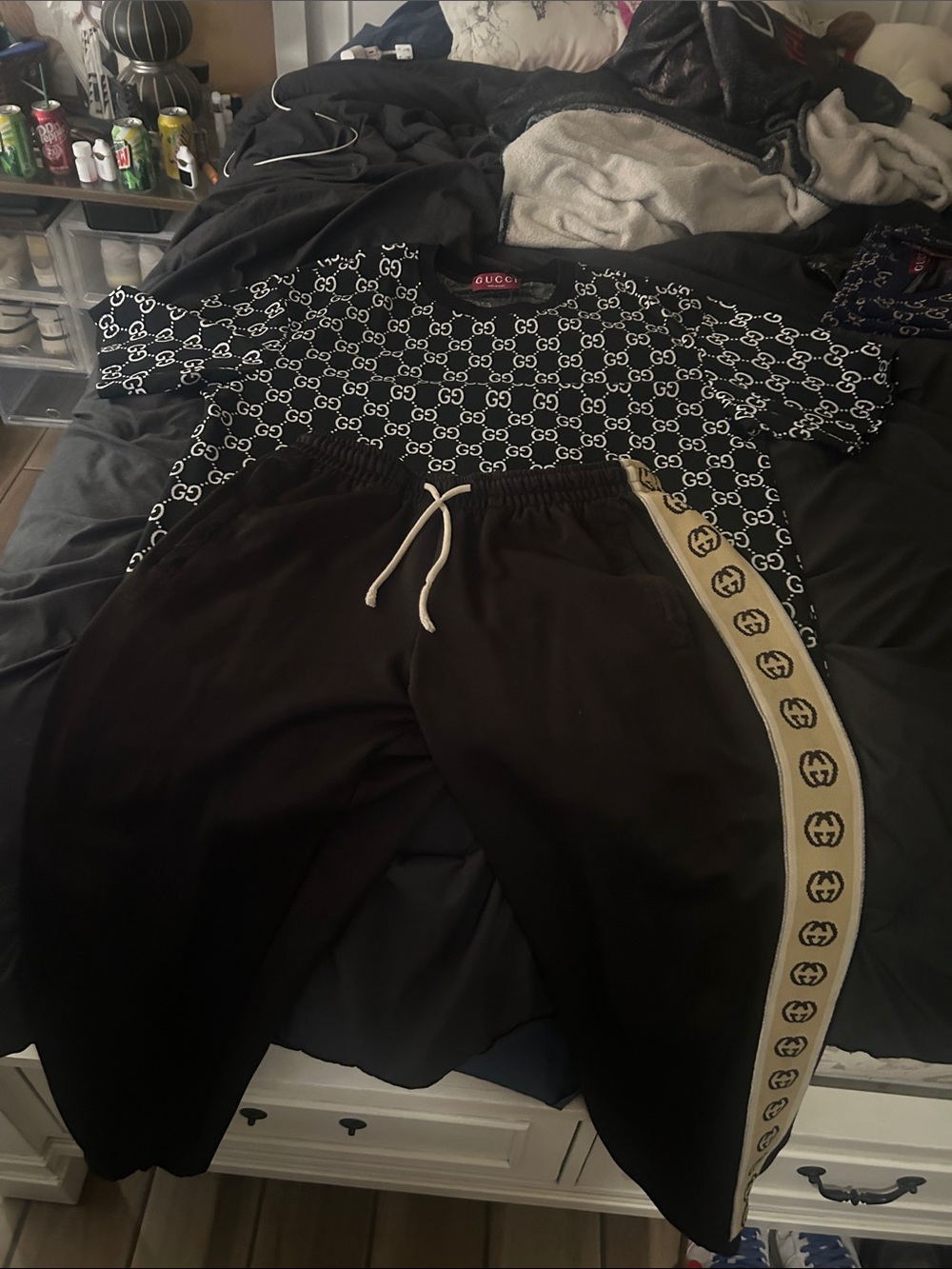 XL Gucci Black Tee and medium Black Sweatpants with Cream Logo Stripe